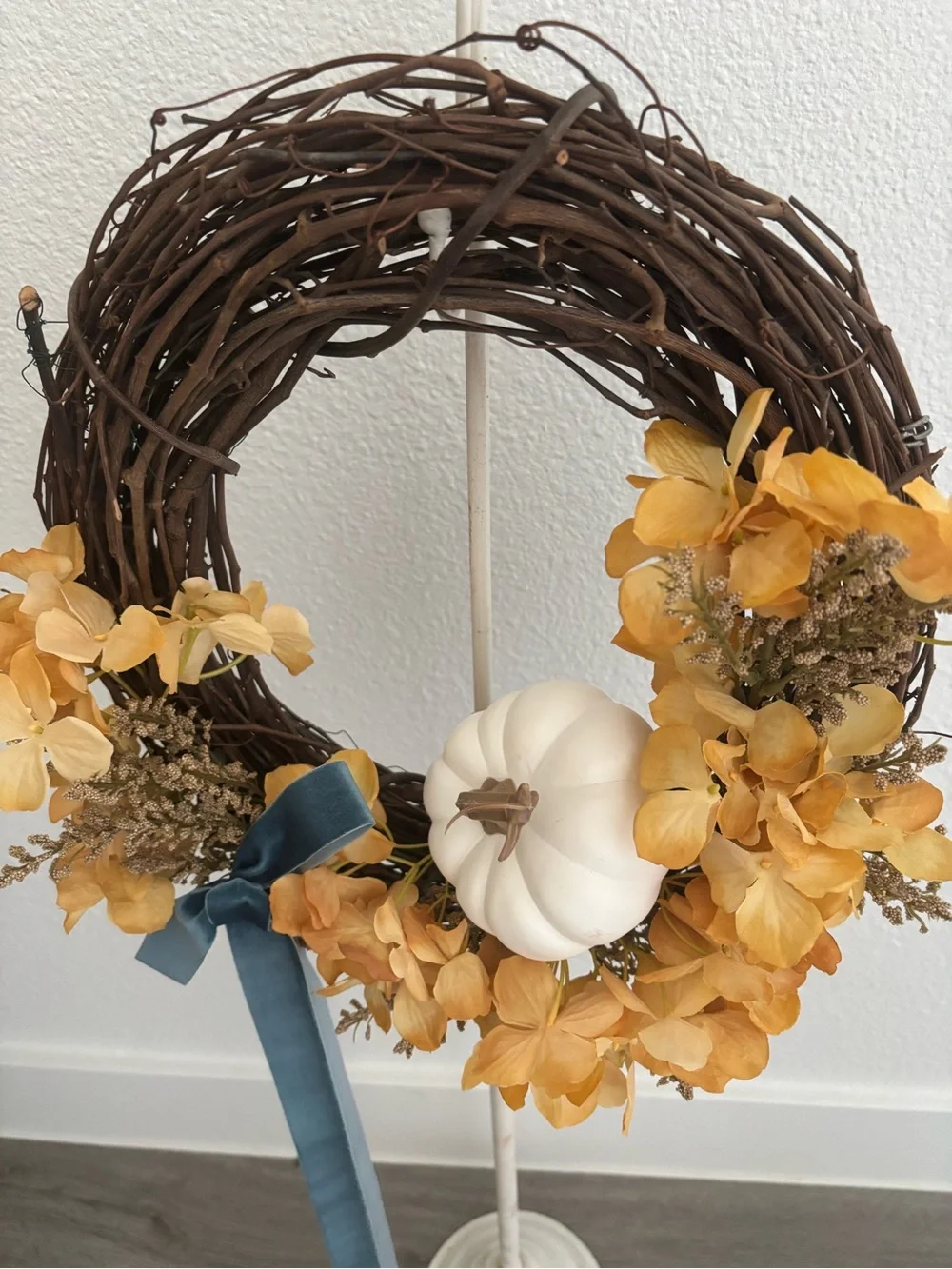 Autumn Hydrangeas Fall Harvest Wreath Pumpkin Hand Crafted w/Wine Bow Final Sale